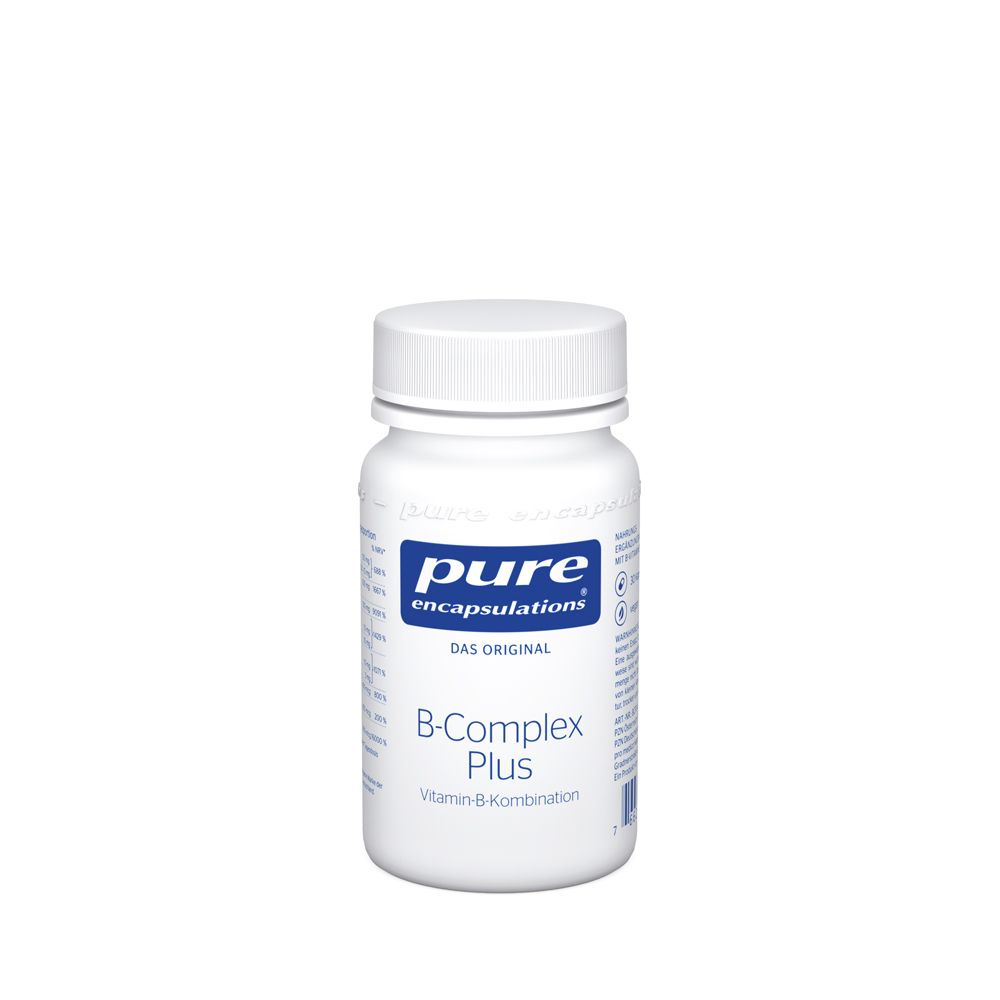 Weiße Flasche mit Kapseln. Aufschrift: pure encapsulations, B-Complex Plus Vitamin-B-Kombination.
