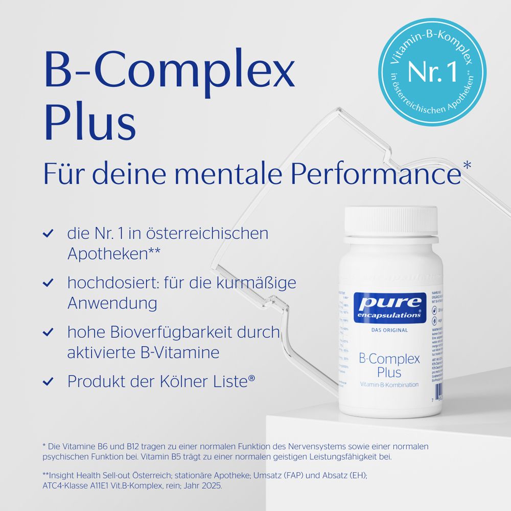 B-Complex Plus Dose, beworben für mentale Leistung mit Vorteilen wie Fokus und Energie.