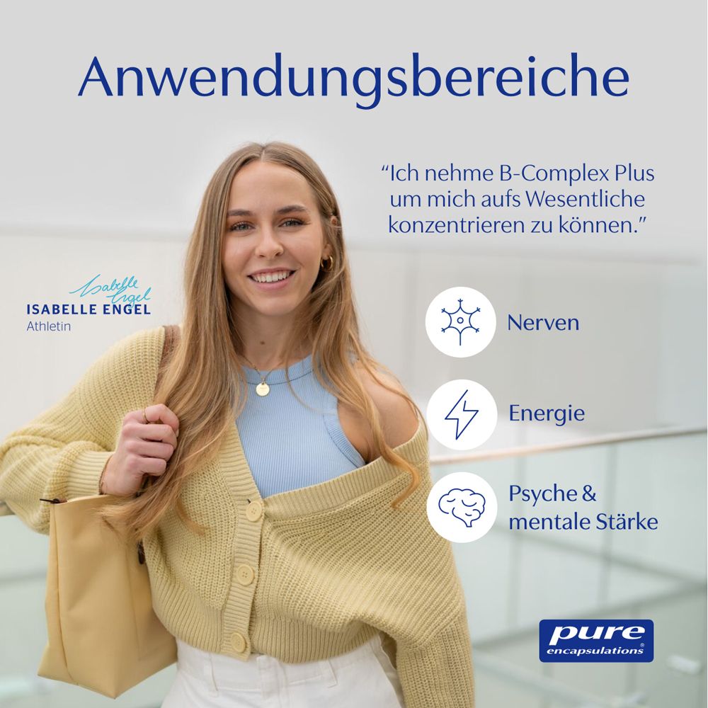 Frau mit gelber Jacke. Text: Ich nehme B-Complex Plus um mich aufs Wesentliche konzentrieren zu können.