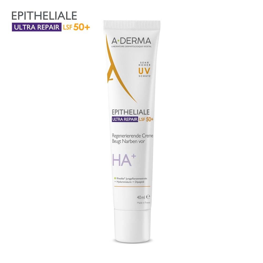 A-Derma Epitheliale Ultra Repair LSF 50+ Creme Tube mit UV-Schutz.