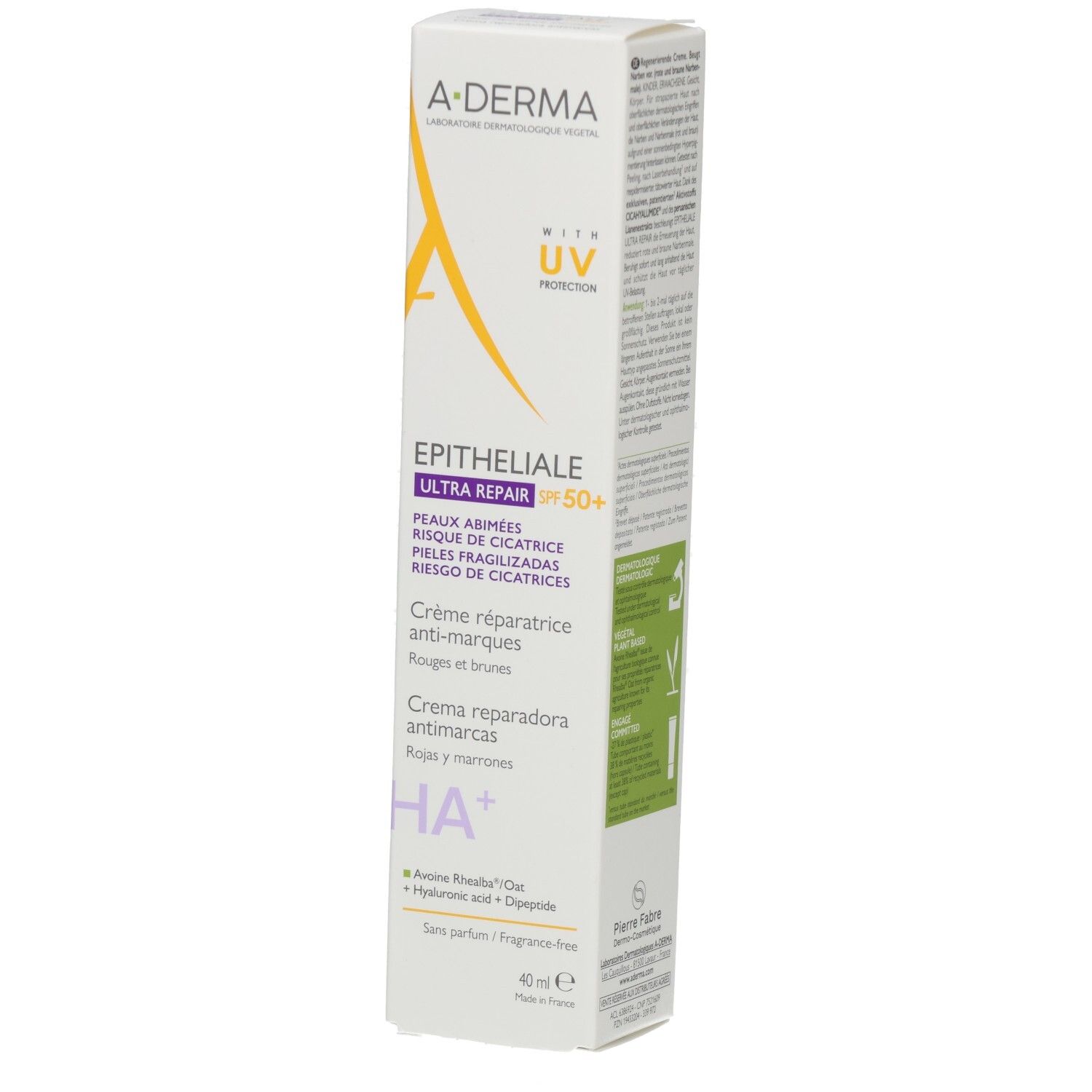 A-DERMA Epitheliale Ultra Repair SPF50+ Creme. Tube mit weißem Hintergrund. Text: Epitheliale Ultra Repair SPF50+, Creme réparatrice anti-marques.