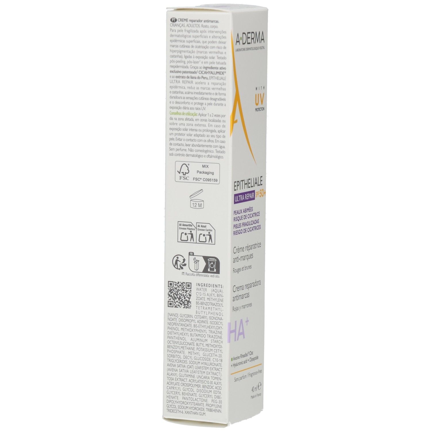 Rückseite des A-DERMA Epitheliale Ultra Repair SPF50+ Tubus. Text in mehreren Sprachen. Symbole für Anwendung und Inhaltsstoffe.