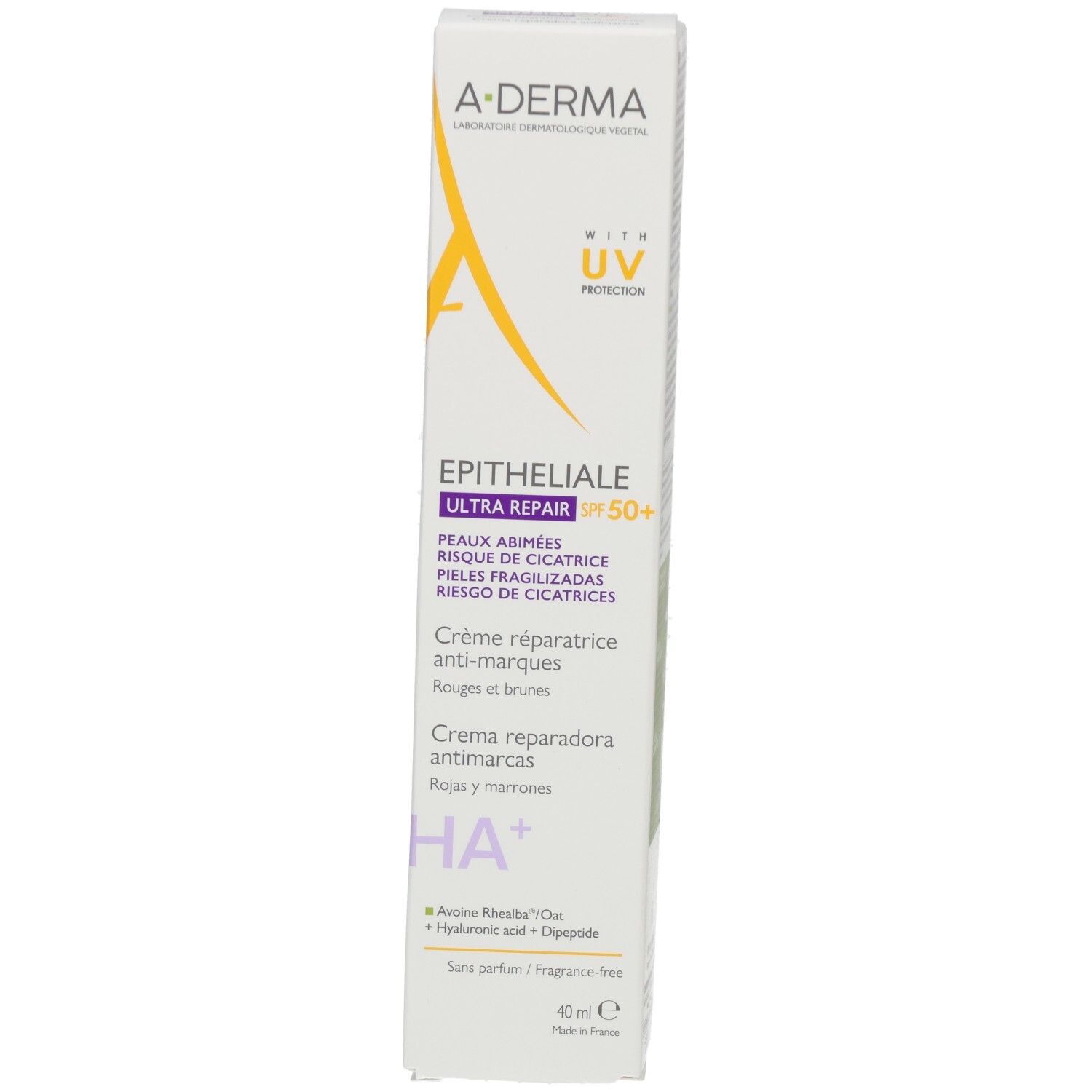 Rückseite der A-DERMA Epitheliale Ultra Repair SPF50+ Verpackung. Text in mehreren Sprachen. Informationen zu Inhaltsstoffen und Anwendung.