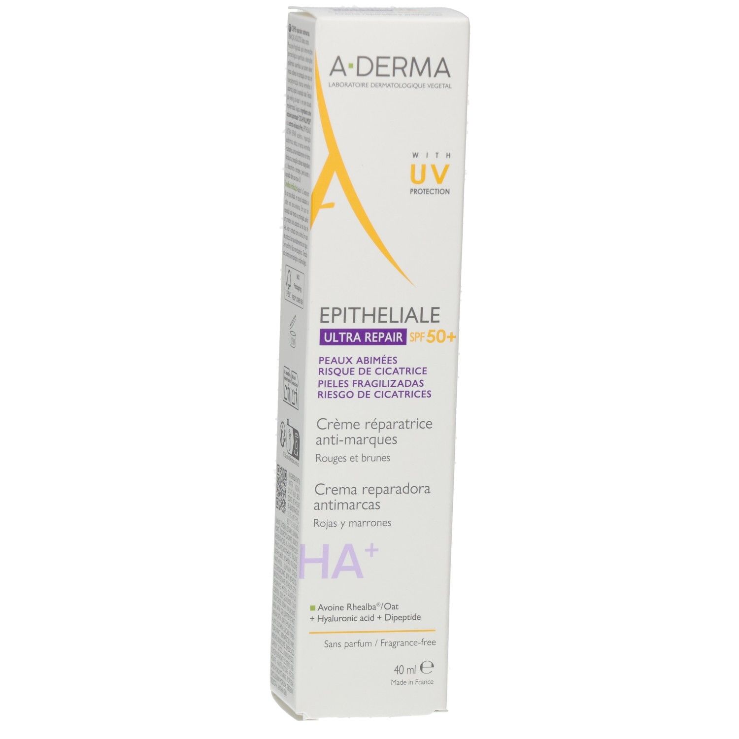 Seite der A-DERMA Epitheliale Ultra Repair SPF50+ Verpackung. Text in mehreren Sprachen. Informationen zur Anwendung und Inhaltsstoffen.