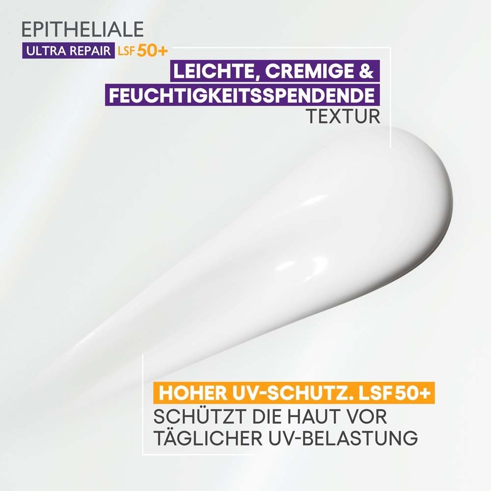 Weißes Produkt auf hellem Hintergrund. Text: Hoher UV-Schutz. LSF 50+ schützt die Haut vor täglicher UV-Belastung.