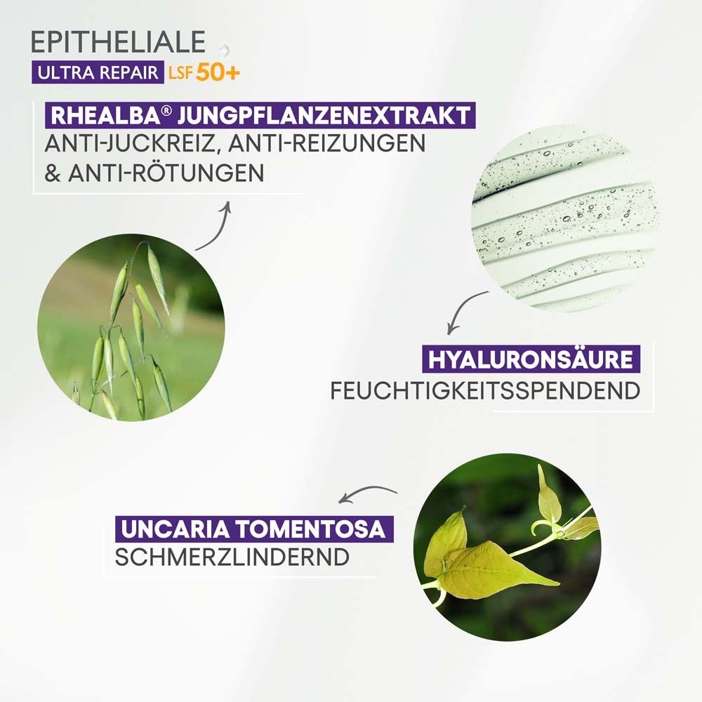 Grafik mit Inhaltsstoffen. Rhealba Jungpflanzenextrakt, Hyaluronsäure, Uncaria Tomentosa. Text: Anti-Juckreiz, feuchtigkeitsspendend, schmerzlindernd.