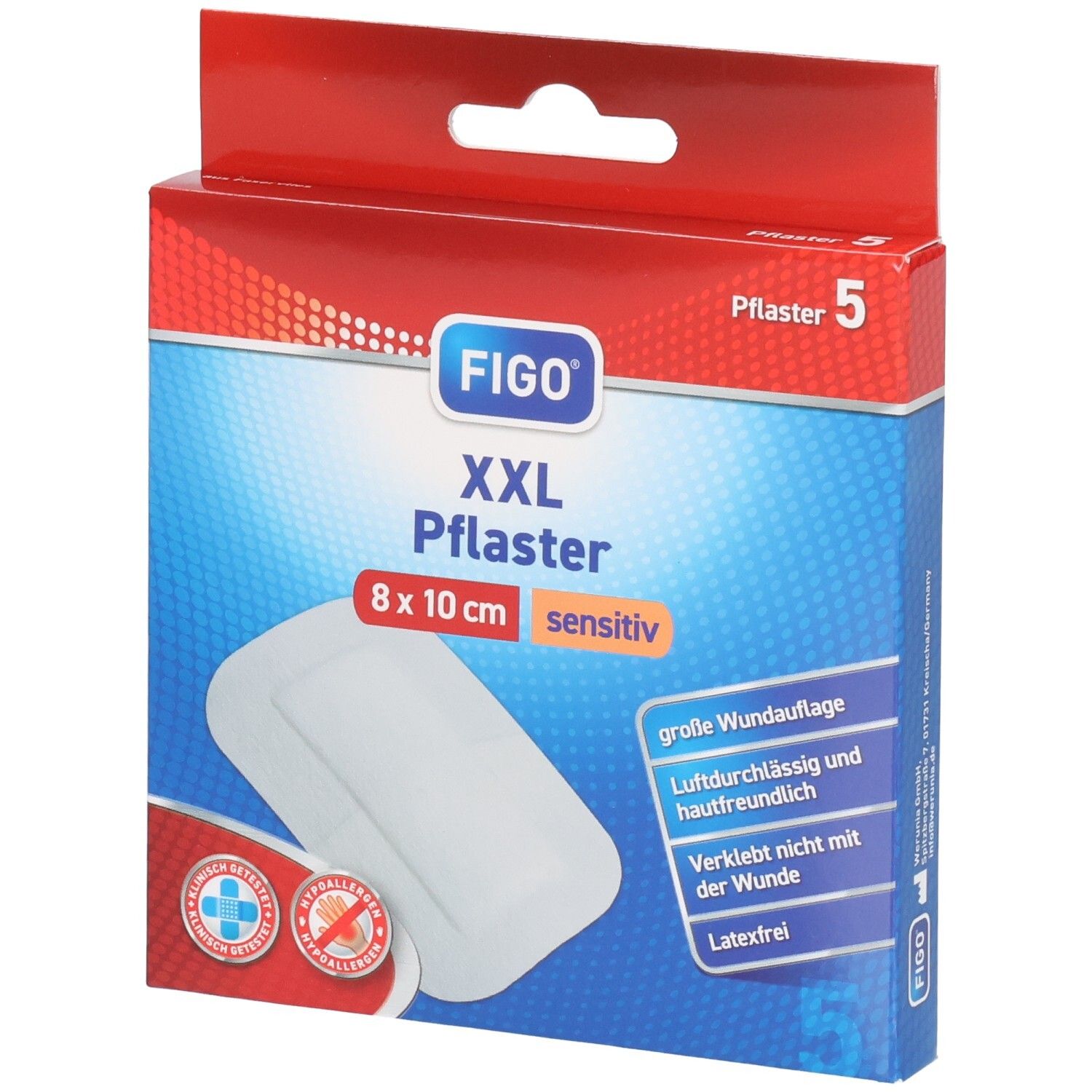 Verpackung Figo XXL Pflaster sensitiv, 8x10 cm, weiß. Enthält 5 Stück.