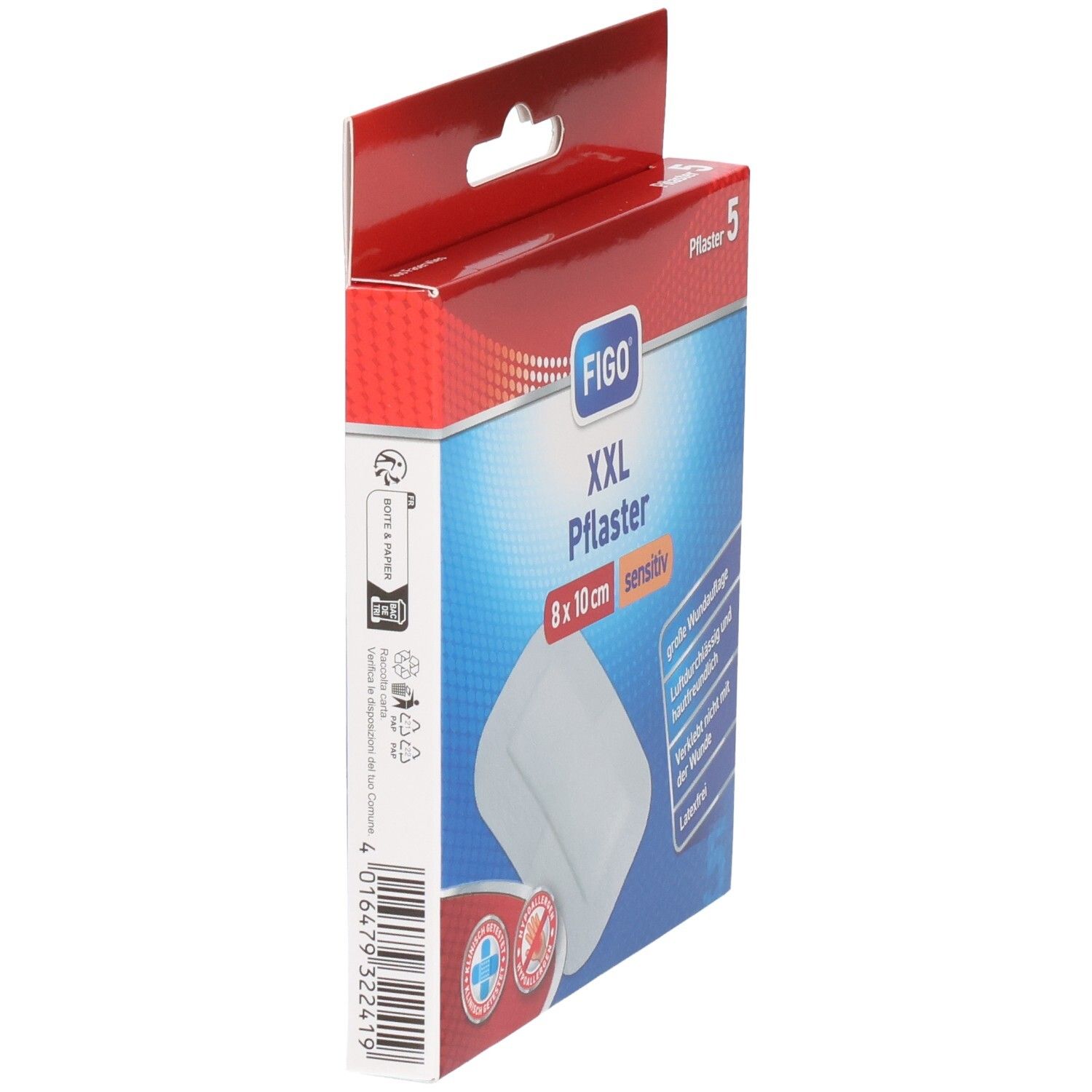 Seitenansicht der Verpackung Figo XXL Pflaster sensitiv, 8x10 cm, weiß.