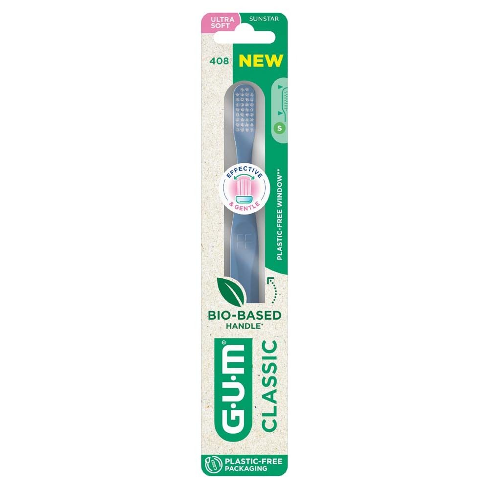 GUM Classic Zahnbürste ultrasoft in Verpackung. Blauer Griff, weiße Borsten. "BIO-BASED HANDLE" und "PLASTIC-FREE PACKAGING".