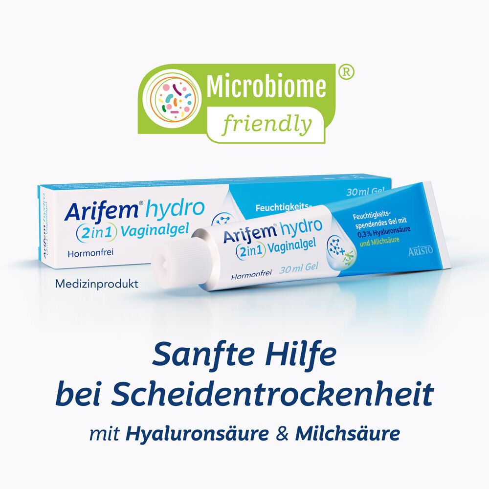 Arifem® hydro 2in1 Vaginalgel Tube und Faltschachtel mit Microbiome friendly Siegel.