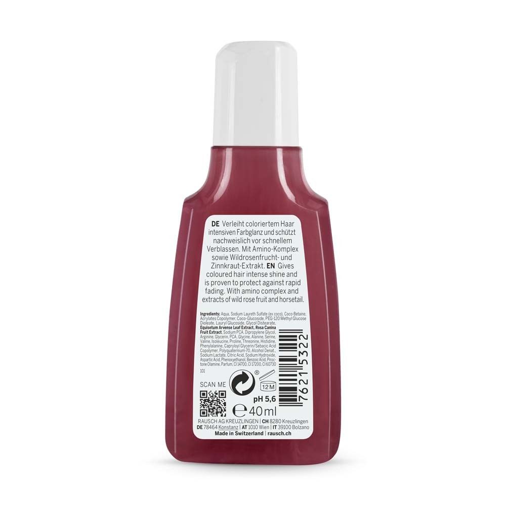 Rückseite der Shampoo-Flasche. Text in Deutsch und Englisch. QR-Code, pH-Wert 5,6, 40ml. Hergestellt in der Schweiz.