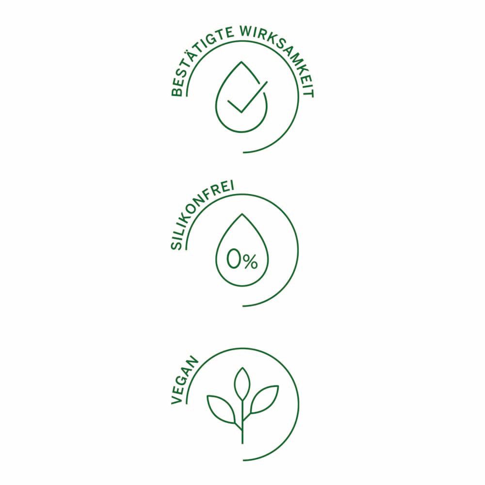 Drei grüne Logos: Bestätigte Wirksamkeit, Silikonfrei (0%), Vegan. Tropfen, Blätter und ein Häkchen.