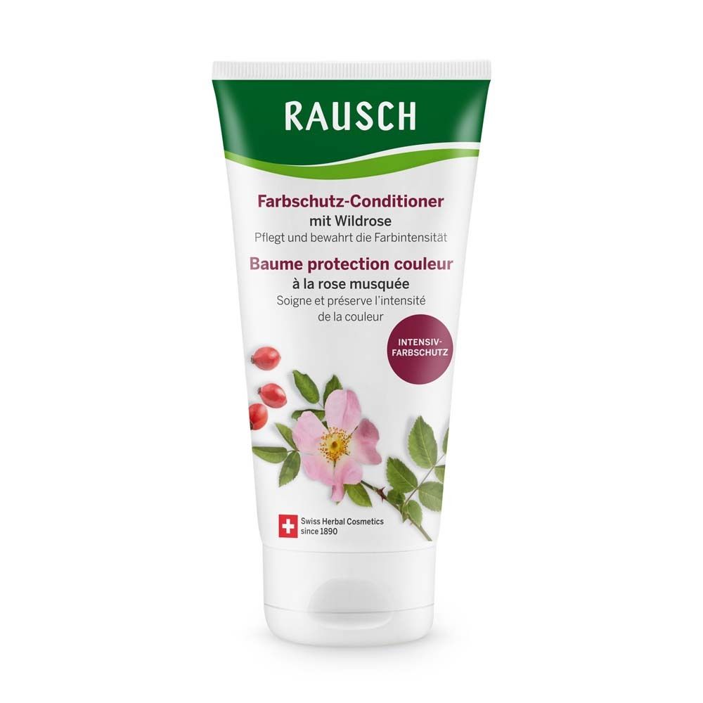 Weißer Conditioner-Tiegel mit grünem Deckel. Rausch-Logo und Produktbezeichnung. Abbildung von Wildrose und Hagebutten.