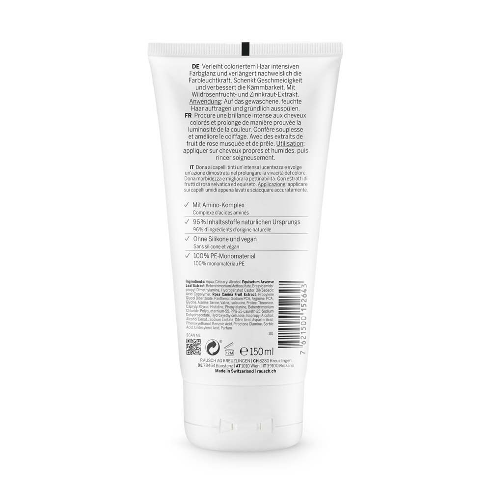 Rückseite einer weißen Conditioner-Tube. Text in Deutsch, Französisch und Italienisch. Inhaltsstoffe und Zertifizierungen.