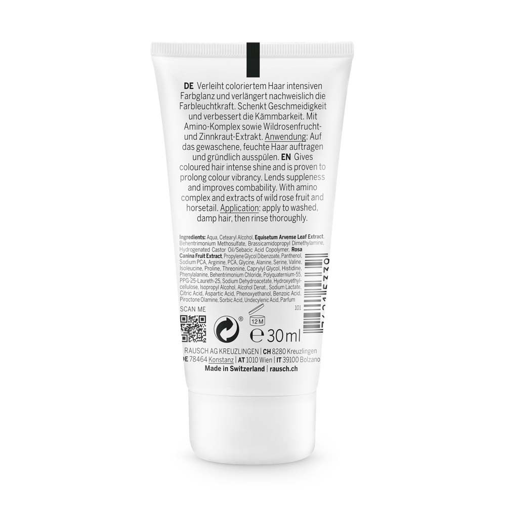 Rückseite der Tube mit Produktinformationen in Deutsch und Englisch. Inhaltsstoffe und QR-Code.