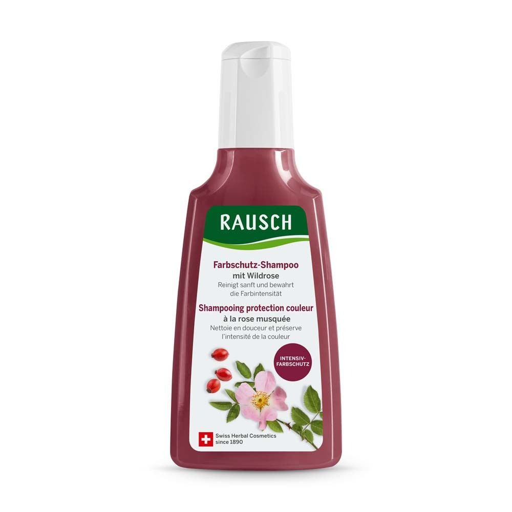 Farbshampoo-Flasche mit Wildrose-Motiv. Rote Flasche mit weißem Deckel. Text: RAUSCH, Farbschutz-Shampoo, Swiss Herbal Cosmetics.