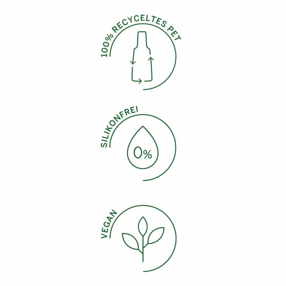 Icons: 100% recyceltes PET, silikonfrei (0%), vegan. Grüne Symbole auf weißem Hintergrund.