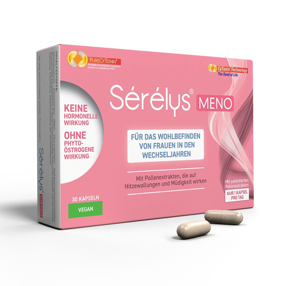 Rosa Schachtel mit Sérélys® MENO. Enthält 30 Kapseln. Aufschrift: Keine hormonelle Wirkung, ohne Phyto-Östrogene.