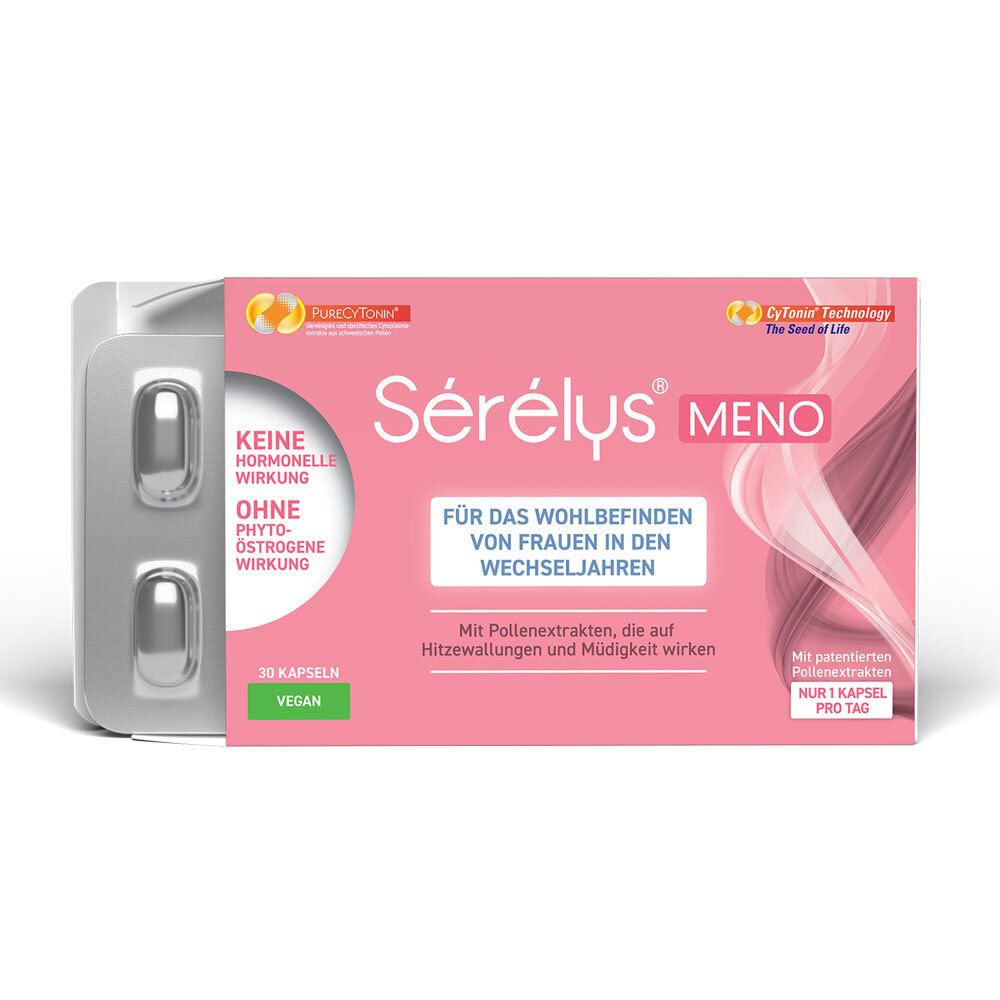 Sérélys® MENO Packung mit 30 Kapseln und zwei Kapseln. Aufschrift: Keine hormonelle Wirkung, ohne Phyto-Östrogene.
