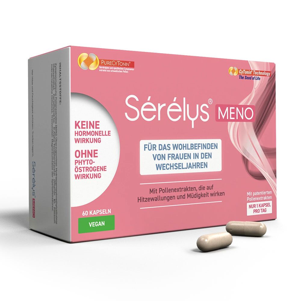 Sérélys® MENO-Packung. Rosa Schachtel mit weißen Kapseln. Enthält 60 Kapseln. Aufschrift: Keine hormonelle Wirkung, ohne Phytoöstrogene.