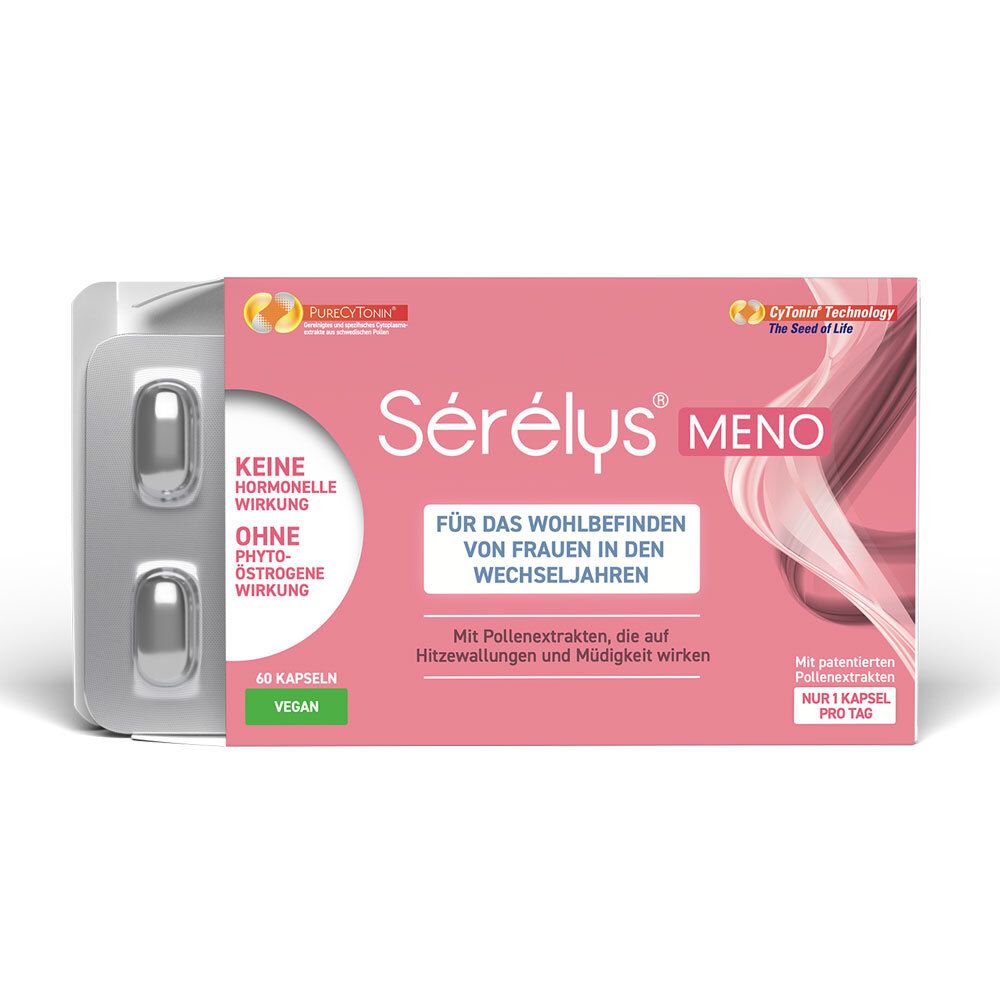 Sérélys® MENO-Packung mit Blister. Rosa Schachtel mit Blister und Kapseln. Enthält 60 Kapseln. Aufschrift: Keine hormonelle Wirkung.