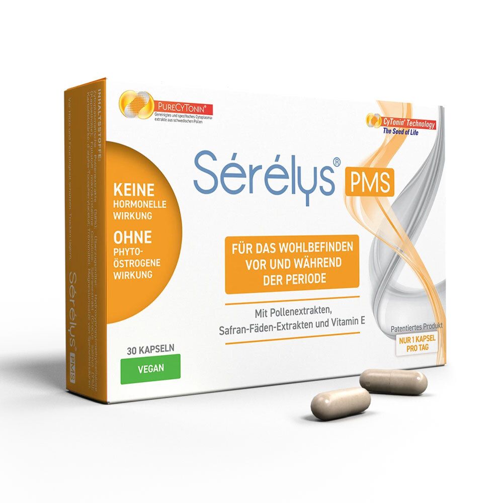 Sérélys® PMS-Packung mit 30 Kapseln. Aufschrift: Keine hormonelle Wirkung, ohne Phytoöstrogene. Zwei Kapseln liegen daneben.