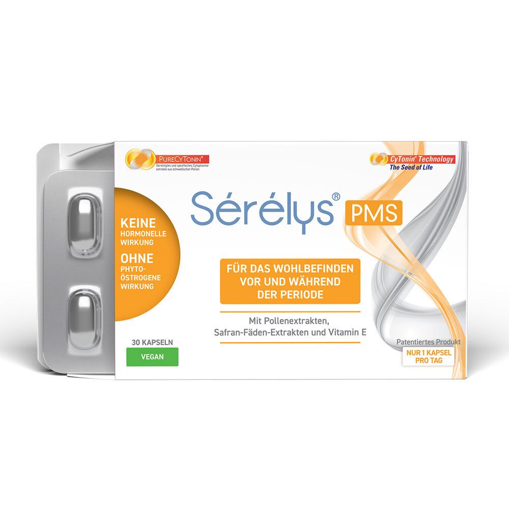 Sérélys® PMS-Packung mit 30 Kapseln und Blister mit zwei Kapseln. Aufschrift: Keine hormonelle Wirkung, ohne Phytoöstrogene.