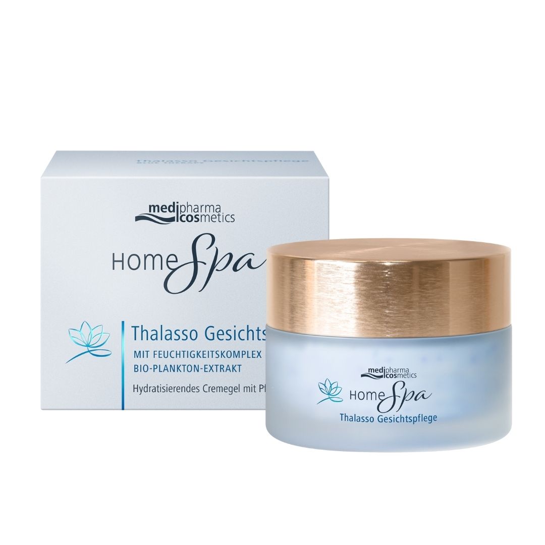Creme-Gel mit Deckel und Verpackung. Aufschrift: Home Spa Thalasso Gesichtspflege.
