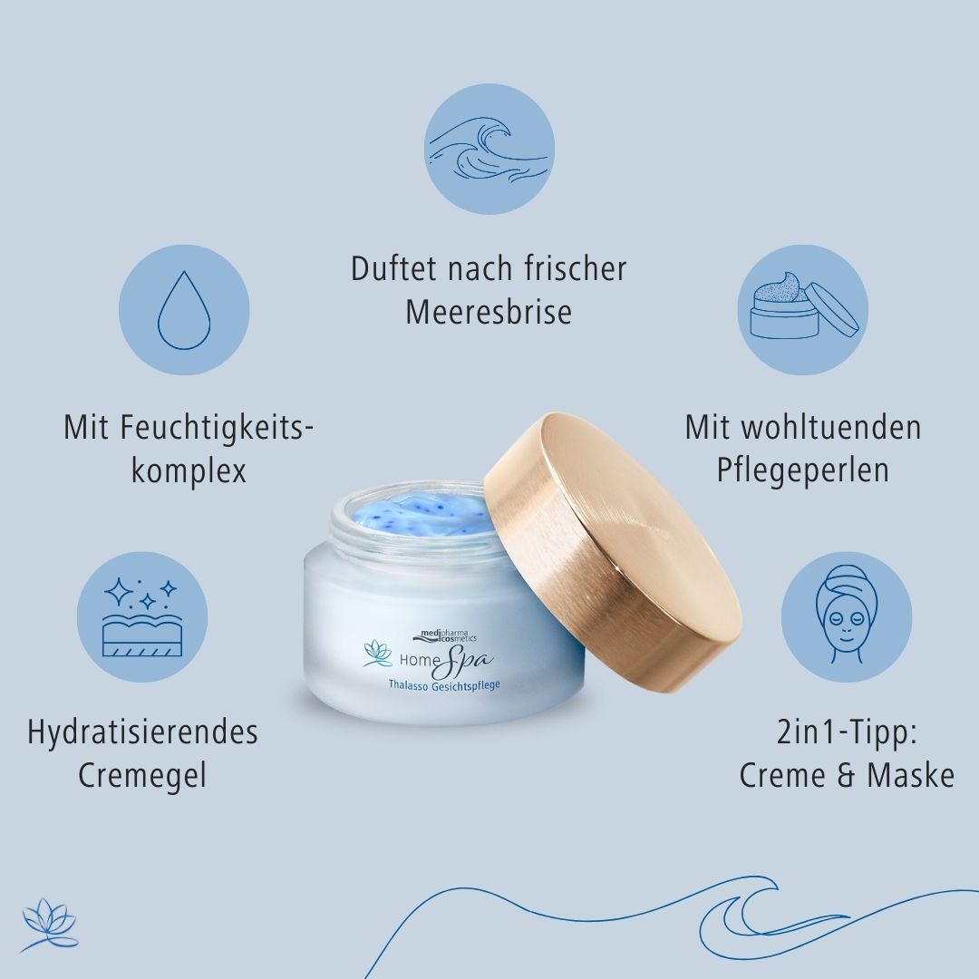 Creme-Gel mit Deckel. Aufschrift: Home Spa. Grafiken mit Text: Feuchtigkeitskomplex, Pflegeperlen.