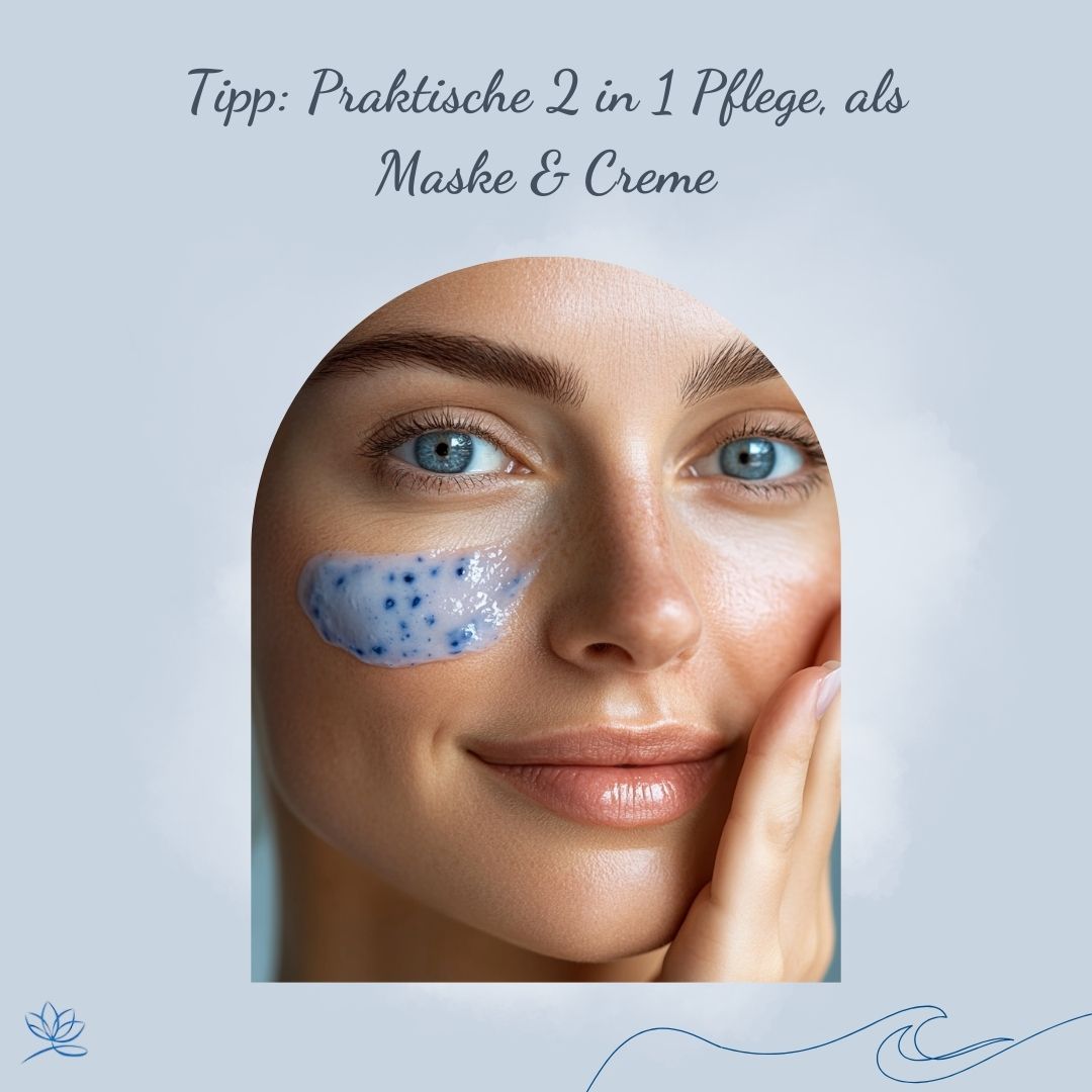 Frau mit Creme auf Gesicht. Aufschrift: Home Spa. Praktische 2 in 1 Pflege als Maske & Creme.