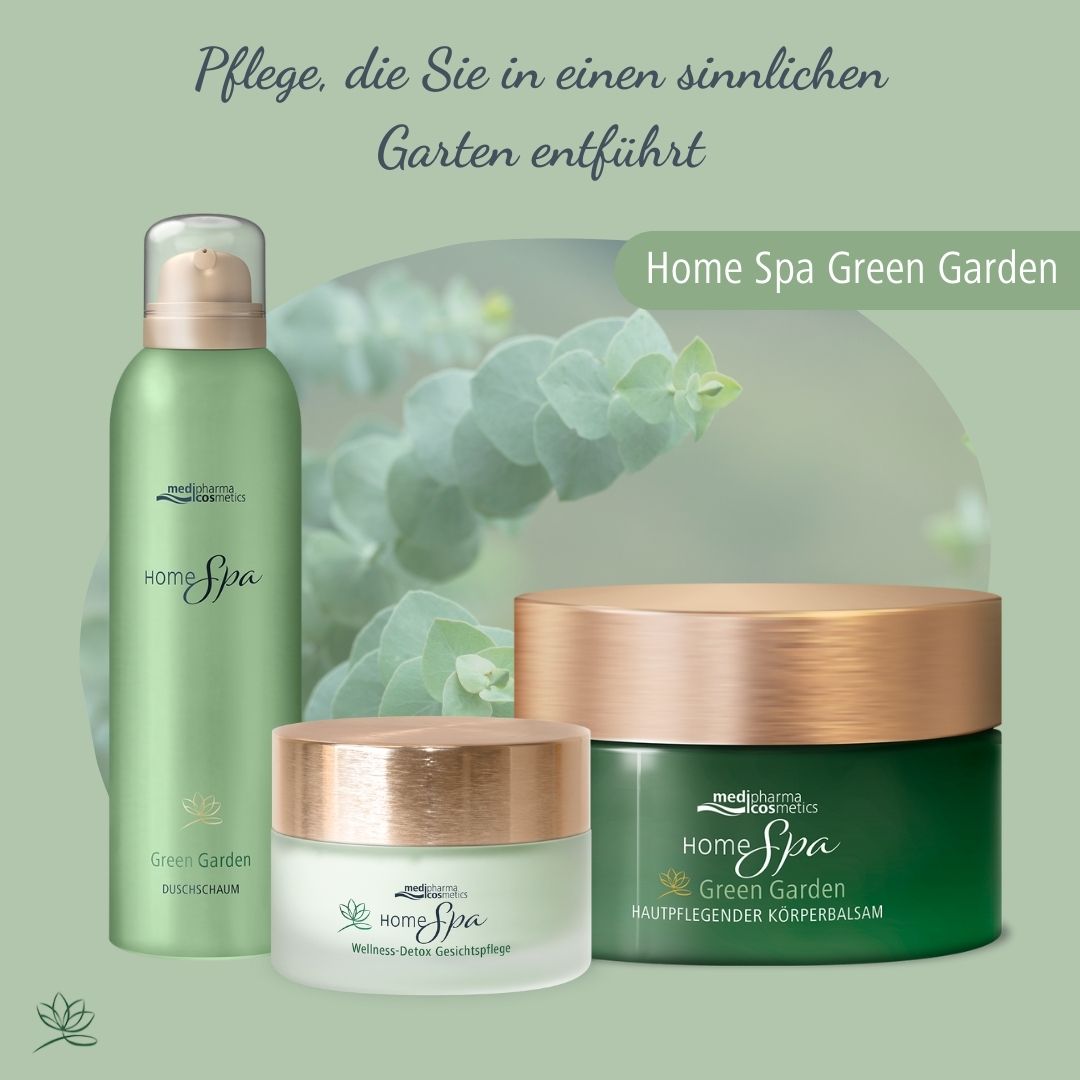 Drei Produkte: Creme-Tiegel, Schaum, Körperbalsam. Aufschrift: Home Spa Green Garden.