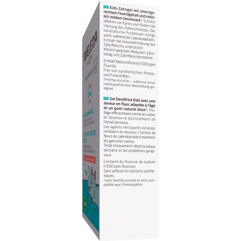 Verpackung von Weleda Kids-Zahngel. Text in Deutsch und Französisch. Enthält Fluorid. Bio-Siegel.