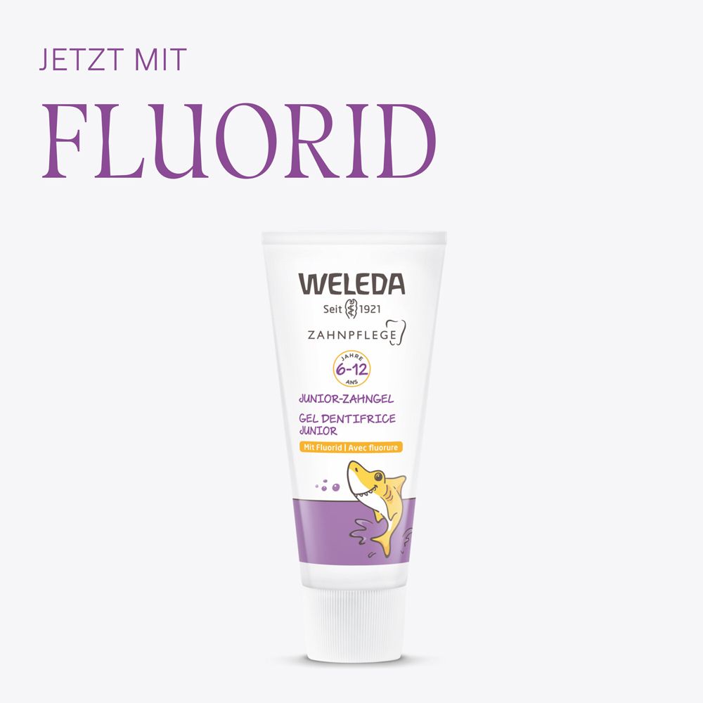 Tube Junior-Zahngel mit Fluorid. Aufschrift: JETZT MIT FLUORID.