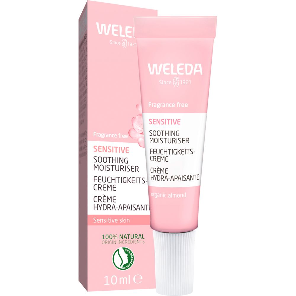 WELEDA Sensitiv Feuchtigkeitscreme, Tube und Verpackung. Rosa, weiß. Text: Sensitive, parfümfrei, 10 ml.