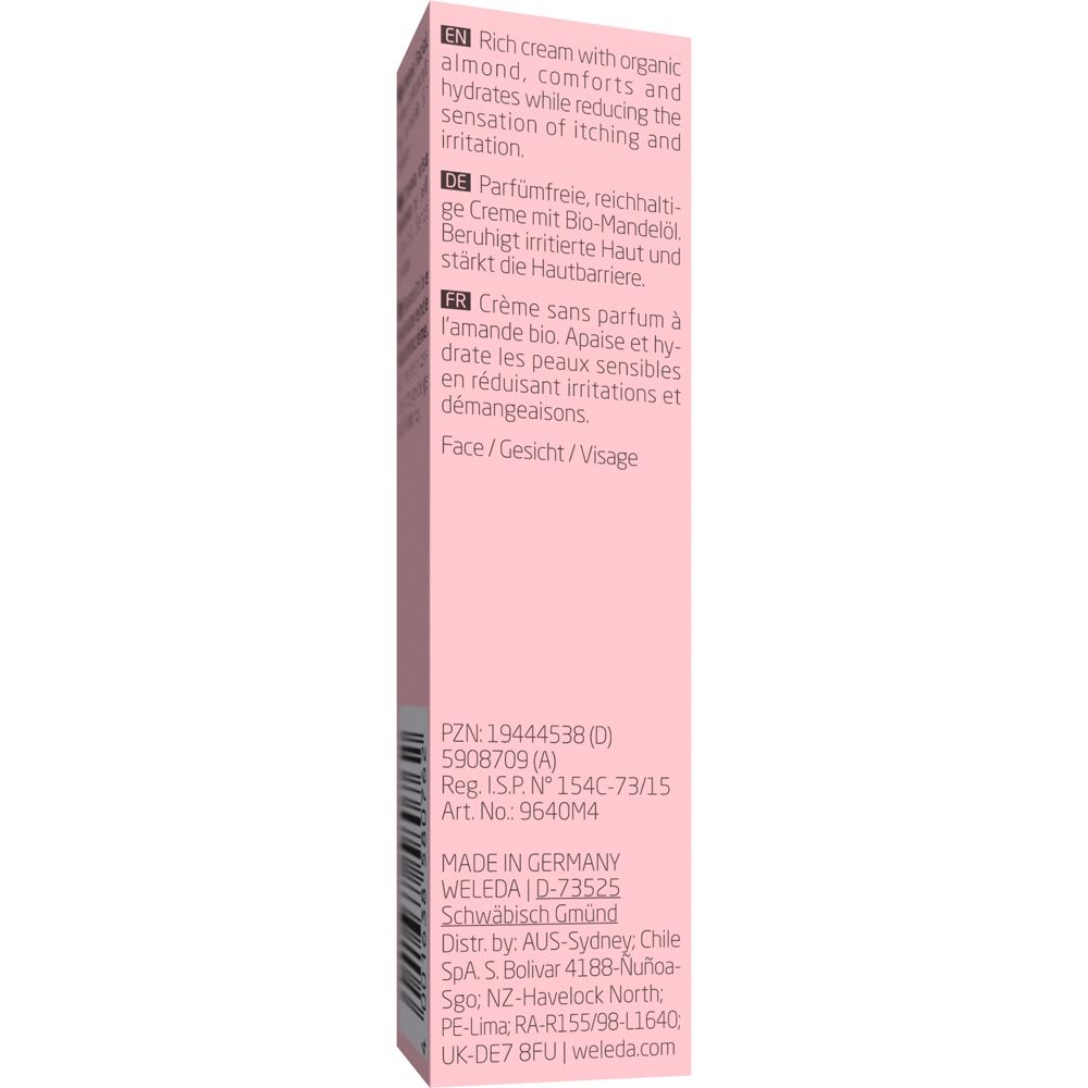 Verpackung WELEDA Sensitiv Feuchtigkeitscreme. Rosa. Text: Beschreibung, Inhaltsstoffe, Made in Germany, 10 ml.