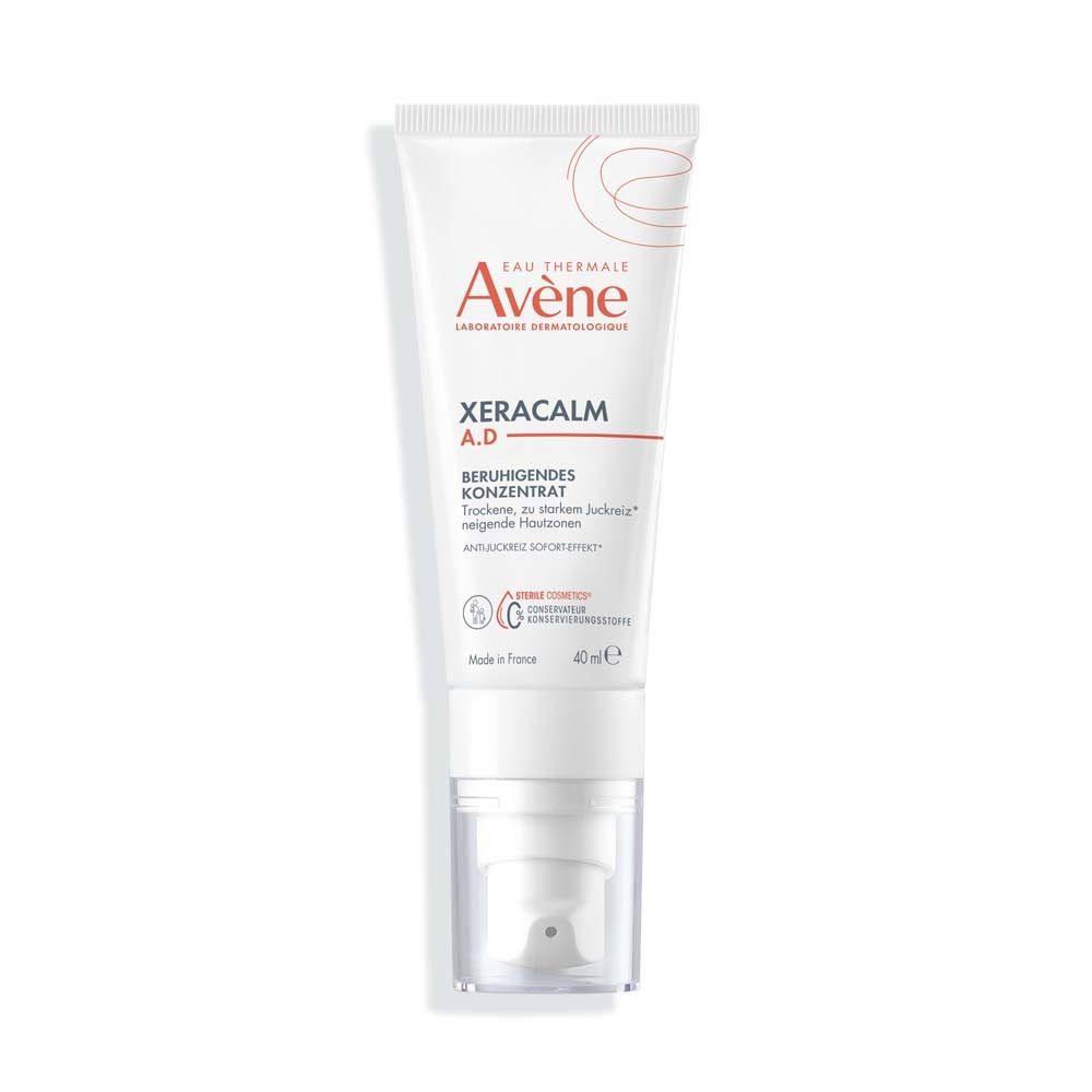 Weiße Tube mit AVÈNE und XERACALM A.D. Aufschrift. Konzentrat für trockene, juckende Haut. 40 ml.