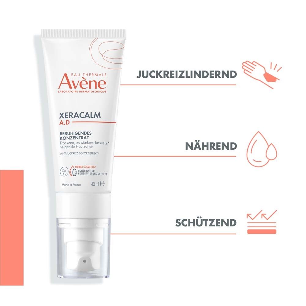 Tube mit AVÈNE XERACALM A.D. Text: Juckreizlindernd, nährend, schützend. Illustrationen von Hand, Tropfen, Haut.