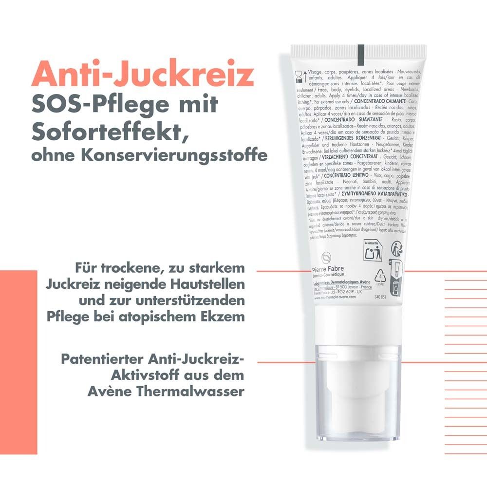 Rückseite der Tube mit Text. Anti-Juckreiz SOS-Pflege. Für trockene, juckende Haut. Mit Avène Thermalwasser.