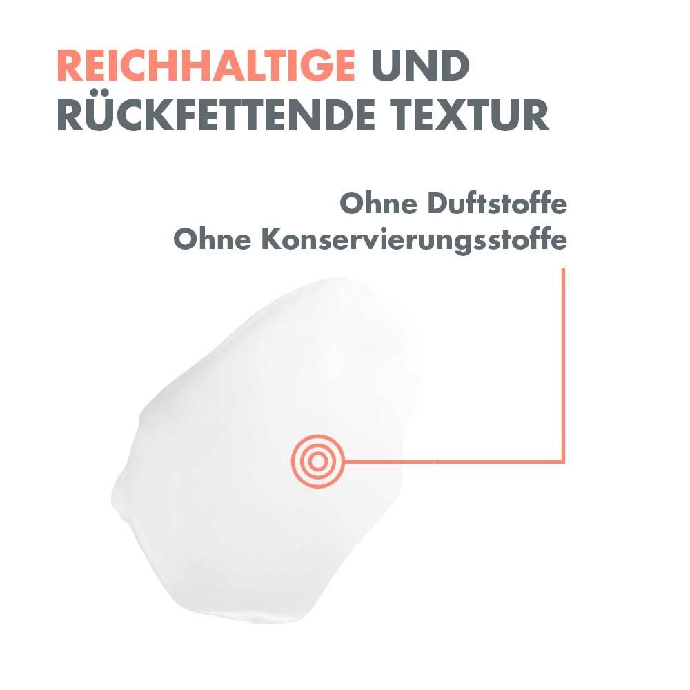 Weiße Creme-Textur. Text: Reichhaltige und rückfettende Textur. Ohne Duftstoffe, ohne Konservierungsstoffe.