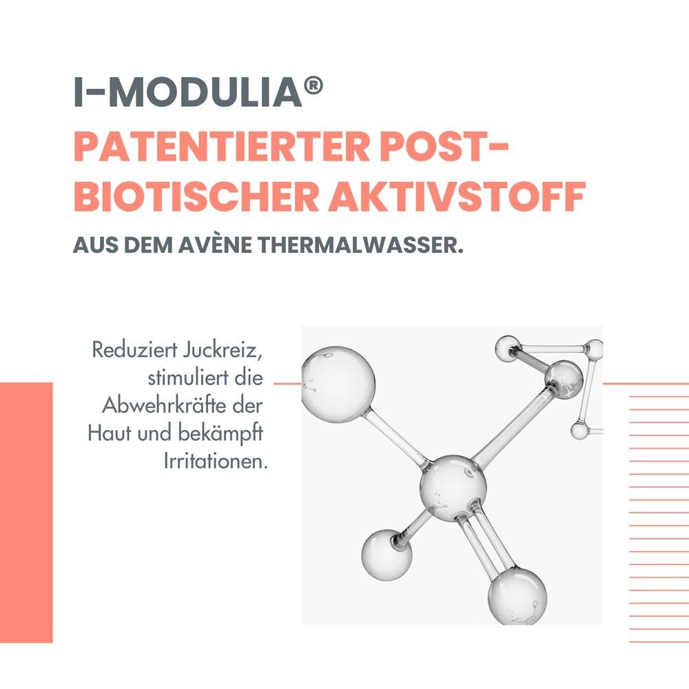 Molekül-Illustration. Text: I-MODULIA, patentierter post-biotischer Wirkstoff aus Avène Thermalwasser. Reduziert Juckreiz.