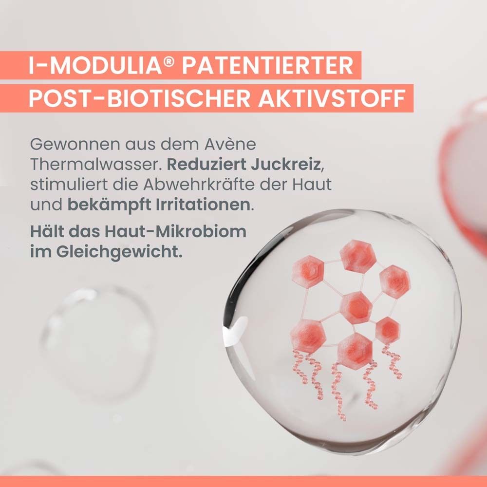 Abbildung einer Zelle mit roten Elementen. Text: I-MODULIA, post-biotischer Aktivstoff. Reduziert Juckreiz.