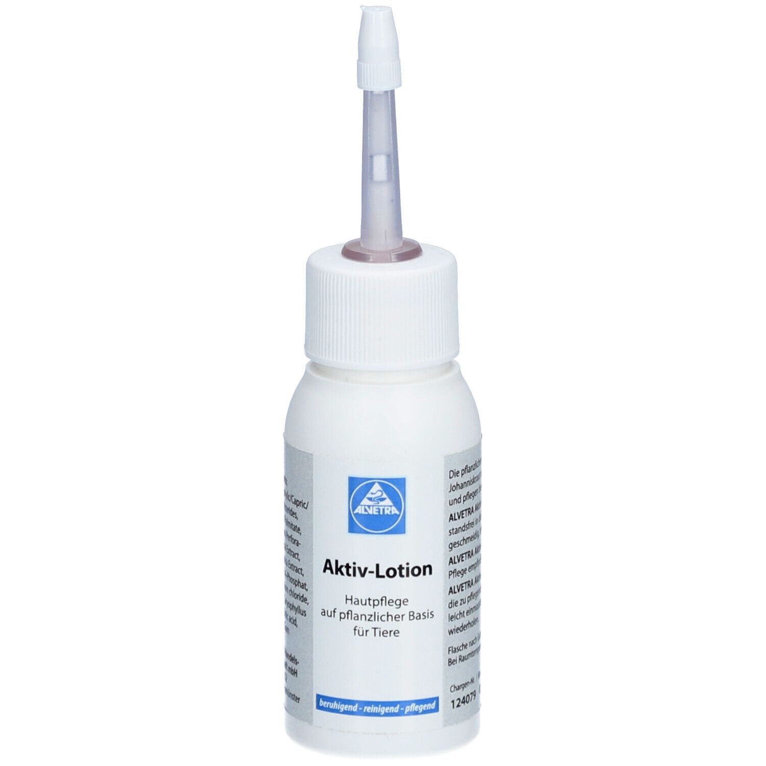Weiße Flasche mit Applikator. Aufschrift: Aktiv-Lotion, Hautpflege auf pflanzlicher Basis für Tiere. Logo.