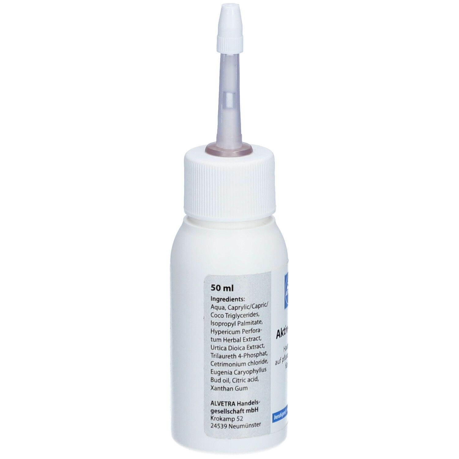 Weiße Flasche mit Applikator. Aufschrift: 50 ml. Zutatenliste. Herstelleradresse.