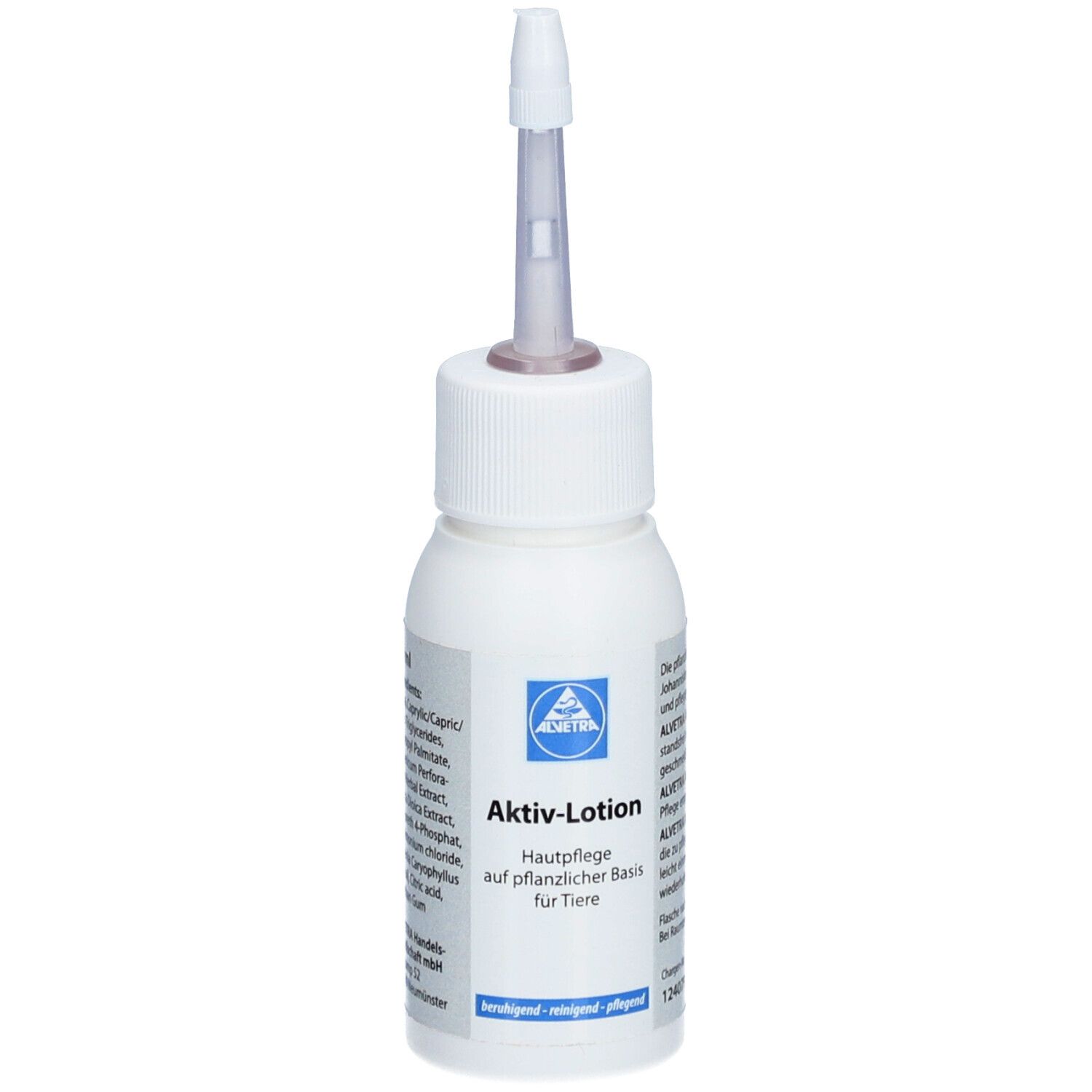 Weiße Flasche mit Applikator. Aufschrift: Aktiv-Lotion, Hautpflege auf pflanzlicher Basis für Tiere. Logo.