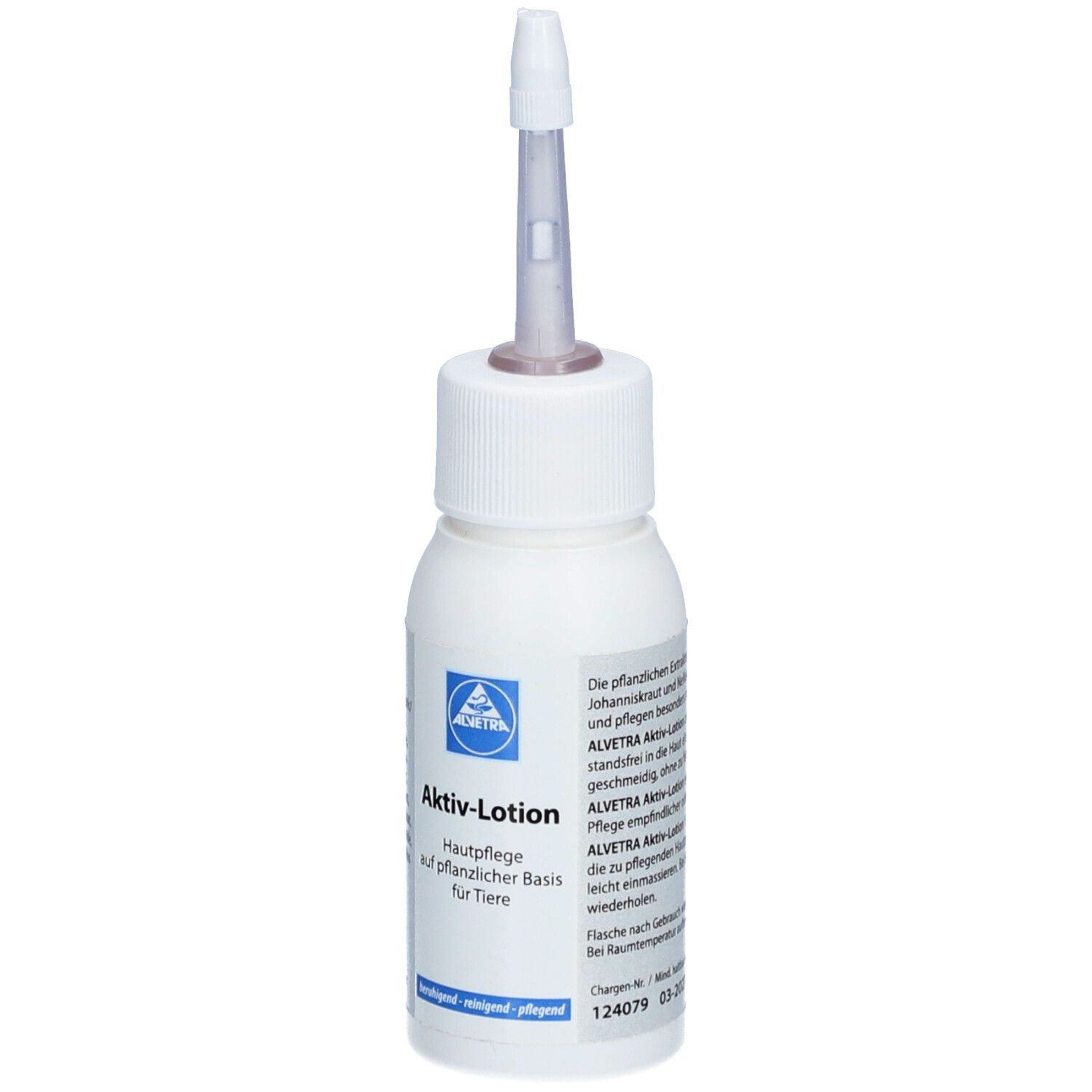 Weiße Flasche mit Applikator. Aufschrift: Aktiv-Lotion, Hautpflege auf pflanzlicher Basis für Tiere. Text.