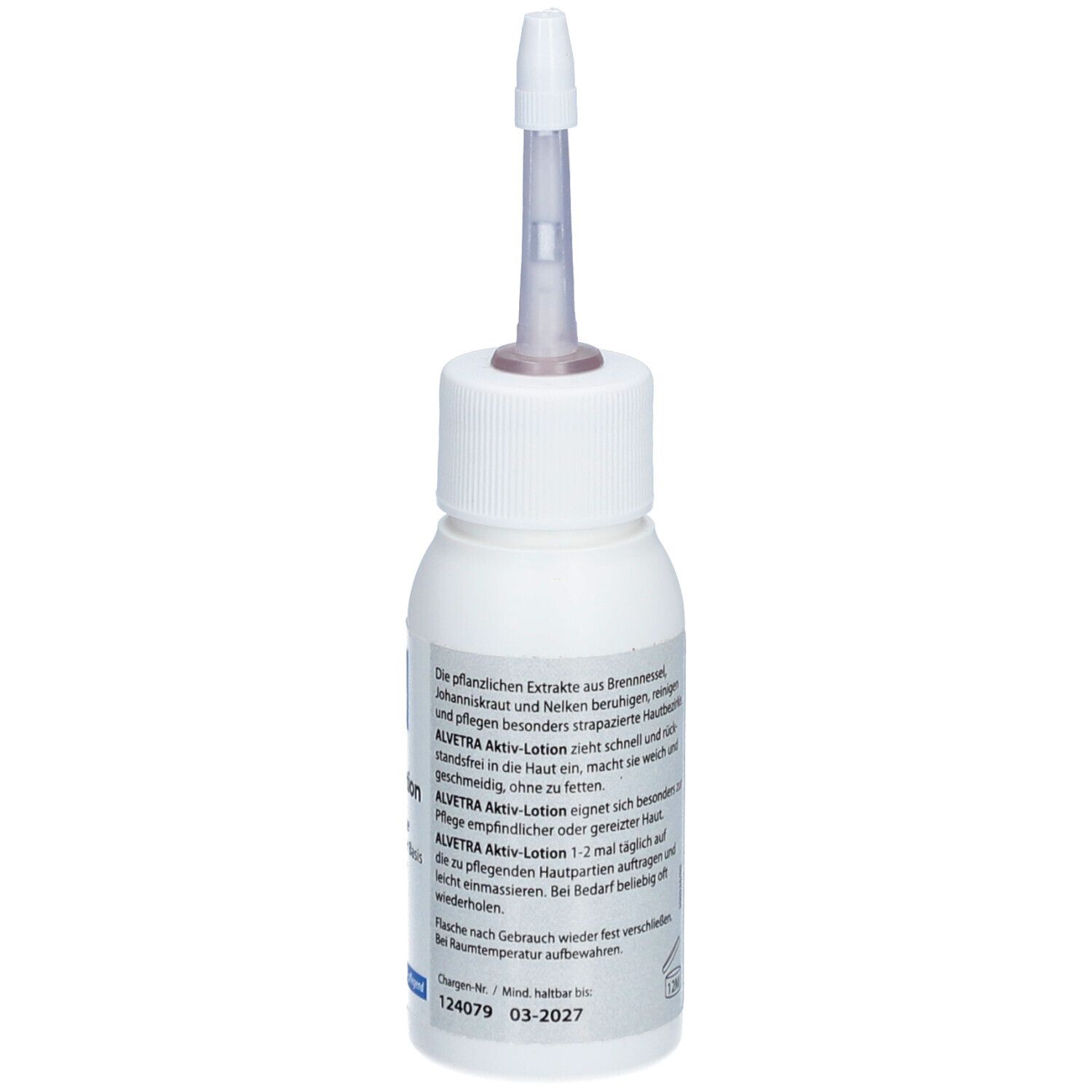 Weiße Flasche mit Applikator. Text auf der Seite. Chargennummer und Verfallsdatum.