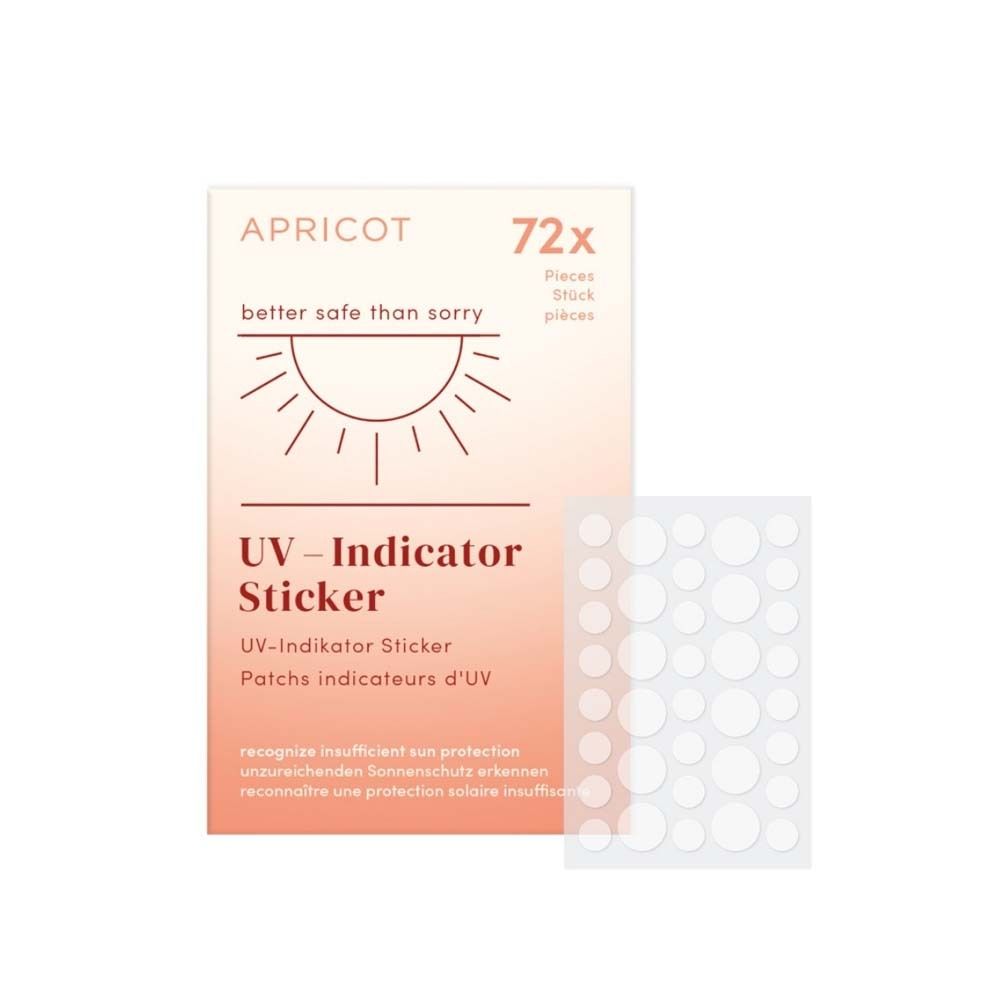 Verpackung mit UV-Indikator-Aufklebern. Marke APRICOT. Enthält 72 Stück. Aufkleber zur Erkennung unzureichenden Sonnenschutzes.