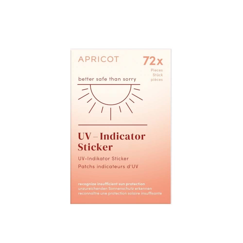 Verpackung mit UV-Indikator-Aufklebern. Marke APRICOT. Enthält 72 Stück. Aufkleber zur Erkennung unzureichenden Sonnenschutzes.