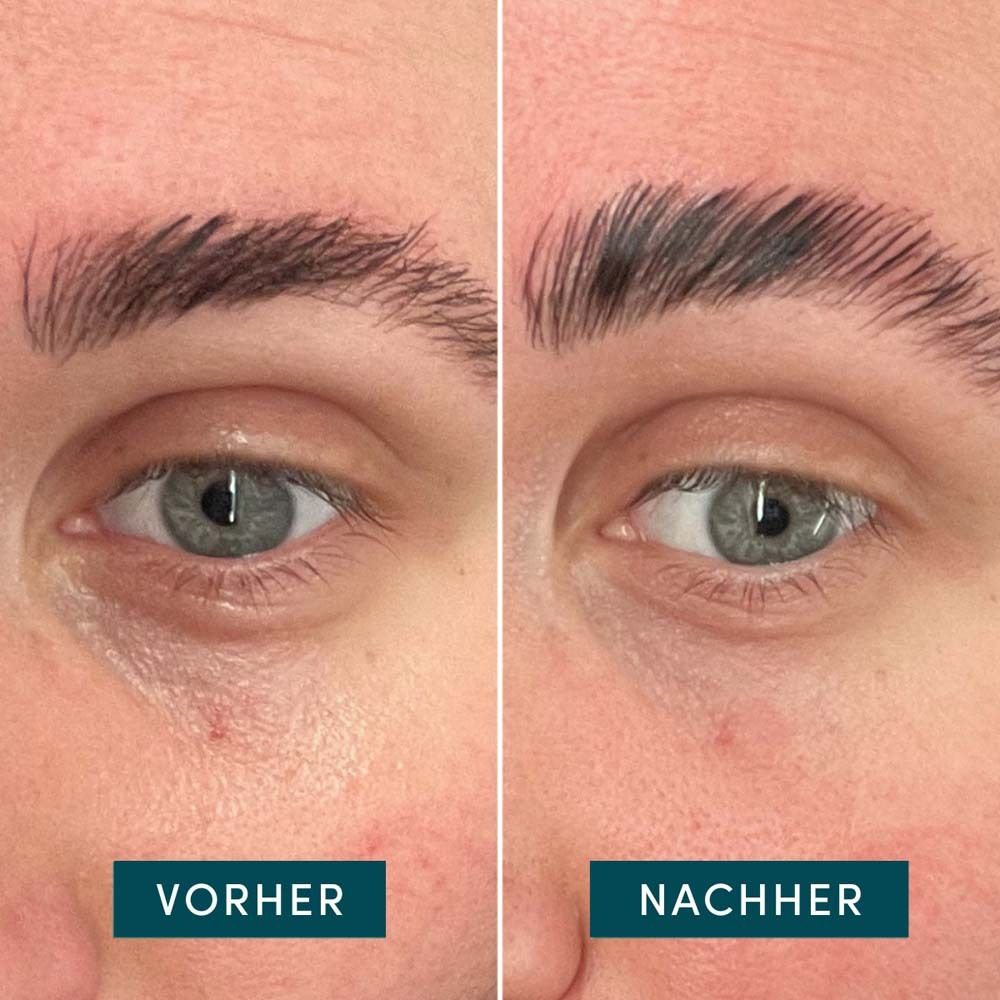 Vergleich: Augenpartie vorher und nachher. Augenbrauen sind nach der Anwendung voller.