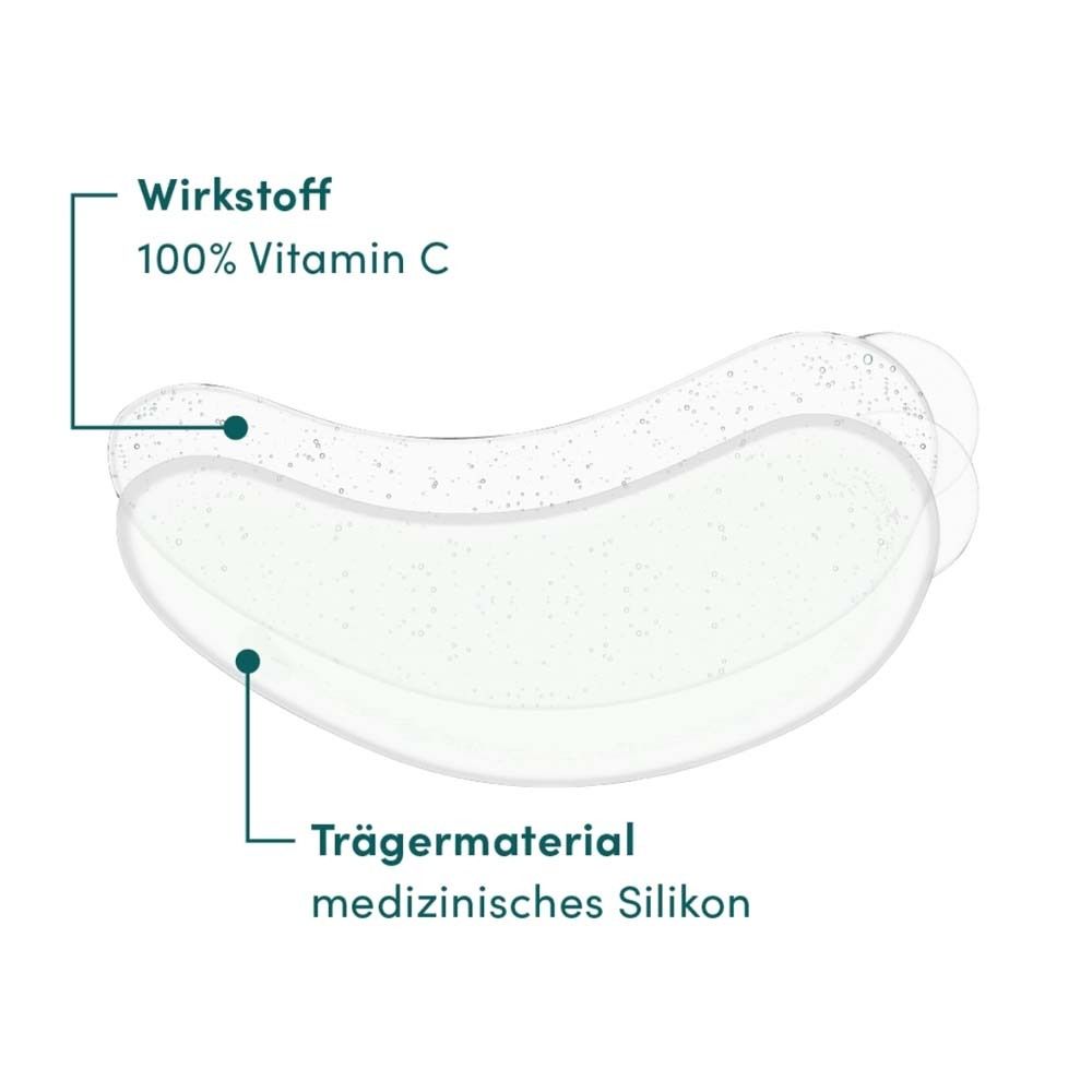 Augen Pad mit Inhaltsangaben. Wirkstoff: 100% Vitamin C. Trägermaterial: medizinisches Silikon.
